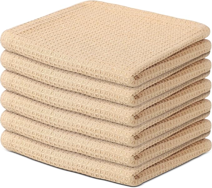 100% Cotton Waffle Dish Cloths (Pack of 6) - Dish Rags for Washing Dishes - Reusable & Highly Absorbent Kitchen Towels - Multipurpose Kitchen Rags - (12" x 12" - Beige)
