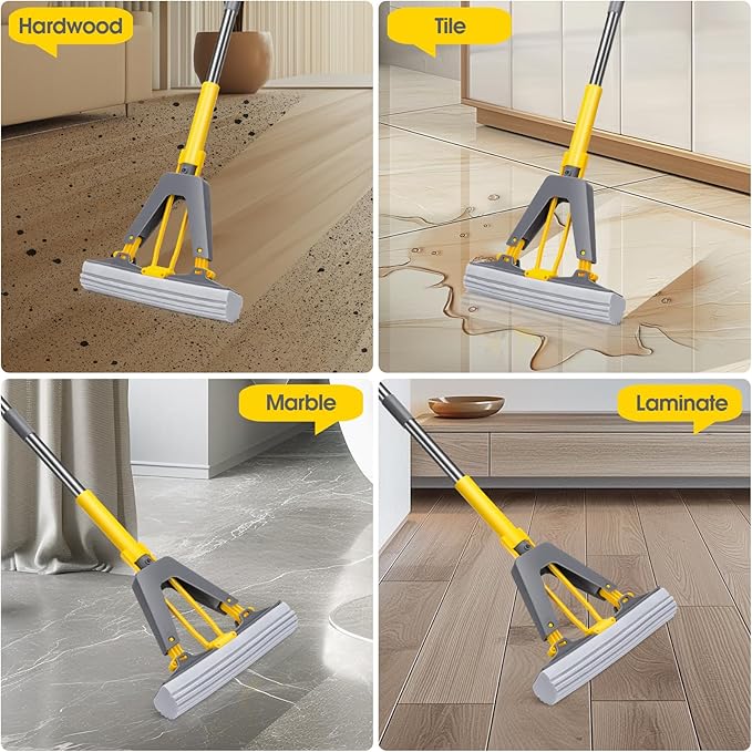 Masthome Sponge Mop,Roller Sponge Mop with 3 Absorbent PVA Mop Refills,Self Squeeze Sponge Mops and Stainless Steel Handle,PVA Sponge Mops for Floor Cleaning