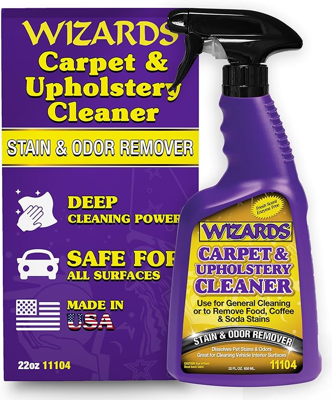 Wizards Carpet and Upholstery Cleaner - Fabric Cleaner Spray Solution for a Fresh & Clean Car - Pet Stain & Smell Remover and Natural Carpet Cleaner - Made in USA - 22 oz