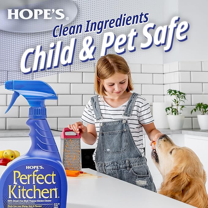 HOPE'S Perfect Kitchen Cleaner Spray - 32 Oz No-Residue All Purpose Cleaning Spray - Multisurface Degreaser for Counters, Stoves, Microwaves, and More - Pet and Home Safe - Pack of 2