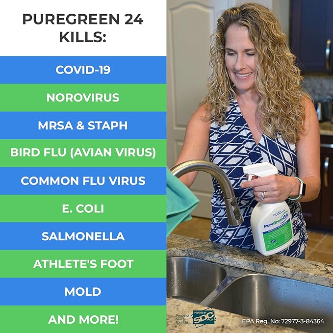 PureGreen24 Safe & Effective Disinfectant. Kills Deadly Germs including RSV COVID-19 Norovirus MRSA Staph 2025 flu Bird flu Contains no toxic chemicals odorless child & pet safe 2 32oz spray bottles