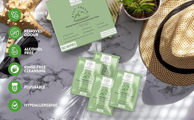 STAY FRESH (60 Flushable Wipes to-Go) - PH Balanced, Travel sized, Unscented with Aloe, Chamomile and Rose extract.