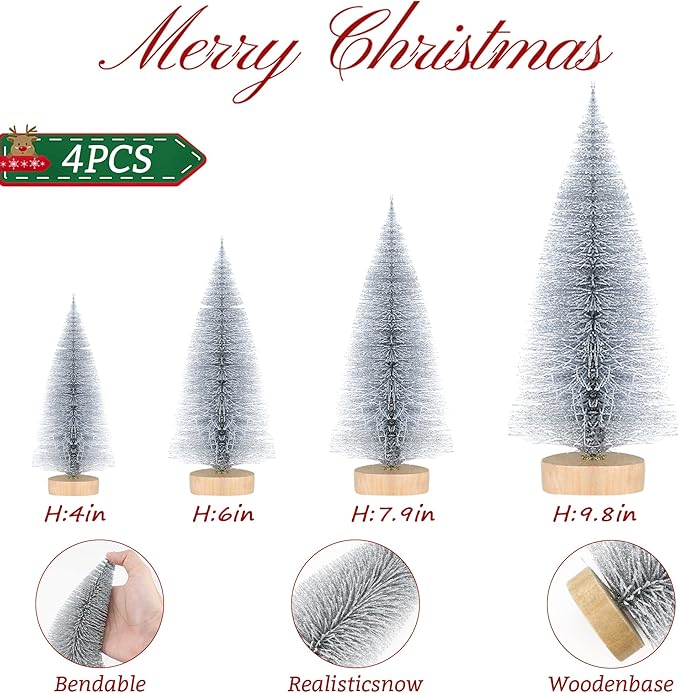 SITUMEIZI Silver Bottle Brush Christmas Trees - Small Xmas Tree Gifts 4 Pc Mini Bottle Brush Tree for Christmas Decorations