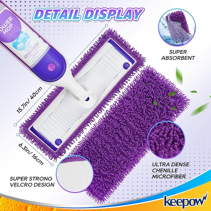 KEEPOW 10 Pack Reusable Mop Pads Compatible with Swiffer PowerMop, Microfiber Mop Pads Refills Machine Washable, Durable, and Highly Absorbent Suitable for All Floor Types
