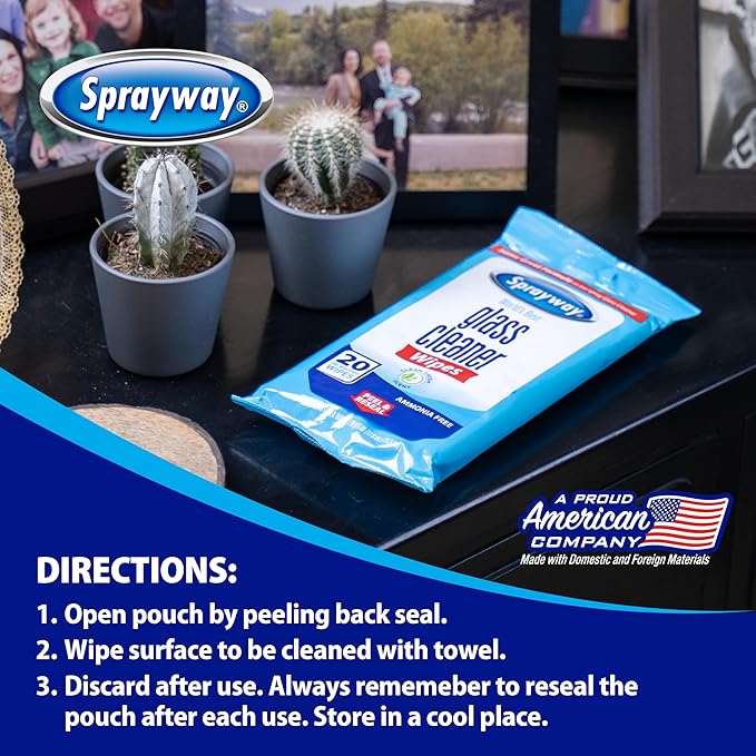 Sprayway Glass Cleaner Wipes, 20ct, Pack of 6 | On-the-Go Resealable Package, Pre-Moistened | Original Ammonia-Free Formula | Removes Fingerprints, Dust, Dirt | All Glass Surfaces