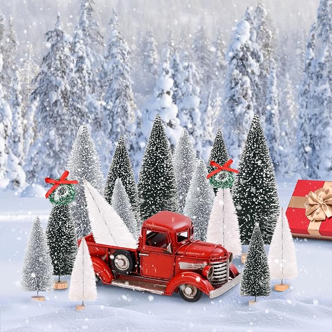 Waipfaru Christmas Table Decor, Bottle Brush Christmas Trees, 21 Pcs White Mini Christmas Trees, Farmhouse Pine Trees for Xmas Tabletop Crafts Indoor Home Decorations (Sliver & White)