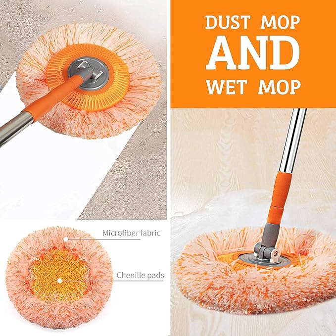 Dust Mop, Wall Cleaner Mop, with Height Adjustable Handle and 1 Washable Mops Pad, Wet & Dry Floor Cleaning Mop for Hardwood, Tiles, Laminate - Dust Broom (Orange)