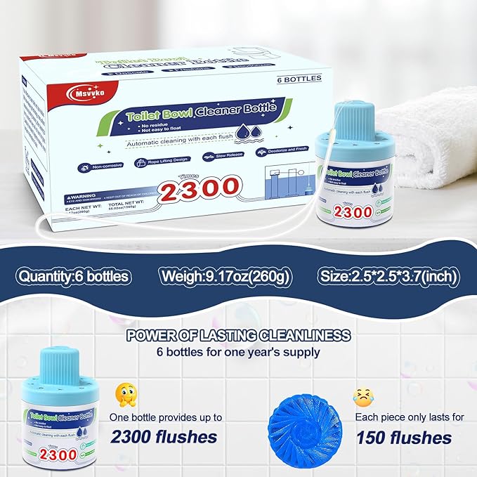 Toilet Bowl Cleaner, Automatic Long-Lasting Blue Toilet Cleaner Bottle, Septic Safe Toilet Bowl Tablets in Bottles, Powerfully Cleans and Prevent Stain Build Up, 6 Pack, 2300 Flushes Each