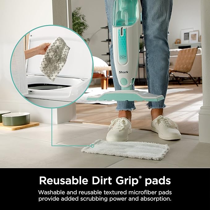 Shark S1000 Steam Mop with 2 Dirt Grip Pads, Lightweight, Safe for all Sealed Hard Floors like Tile, Hardwood, Stone, Laminate, Vinyl & More, Machine Washable, Removable Water Tank, White/Seafoam