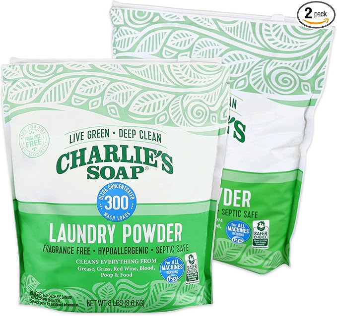 Charlie's Soap Hypoallergenic Laundry Powder 8lb Bag, Pack of 2, 600 Loads Total, Deep Cleaning Washing Detergent – Eco-Friendly, Safe, and Effective