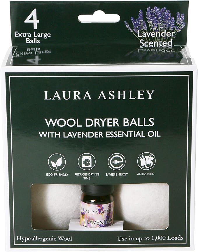 Laura Ashley 4 Pack Reusable Wool Dryer Balls and Lavender Essential Oil Kit to Soften Clothes in Dryer and Reduce Wrinkles and Static