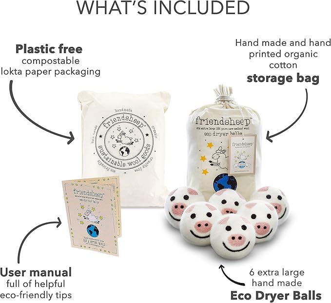 Friendsheep Wool Dryer Balls 6 Pack XL Organic Premium Reusable Cruelty Free Handmade Fair Trade No Lint Fabric Softener Pig - Piggy Band