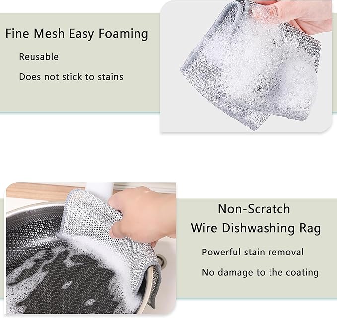 12 Pcs Non Scratch Wire Dishcloth,Multipurpose Wire Dishwashing Rags for Wet and Dry, Reusable Kitchen Wire Miracle Cleaning Cloths for Dishes, Sinks, Stove Tops