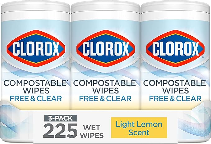 Clorox Free & Clear Compostable Cleaning Wipes, Light Lemon Scent, 75 Count, Pack of 3 (Pack May Vary)
