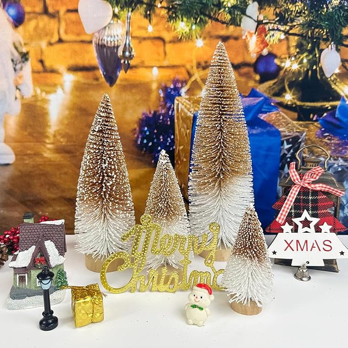 Mini Christmas Tree Bottle Brush Christmas Trees Decor for Christmas Decorations Wooden Bases (Orange and White)