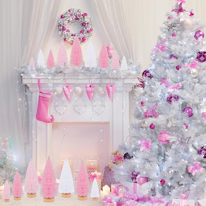Leyndo 9 Pcs Pink Color Mini Sisal Bottle Brush Trees Small Artificial Christmas Tree with Wood Base Christmas Pine Decor for Home Table Holiday Party Decor