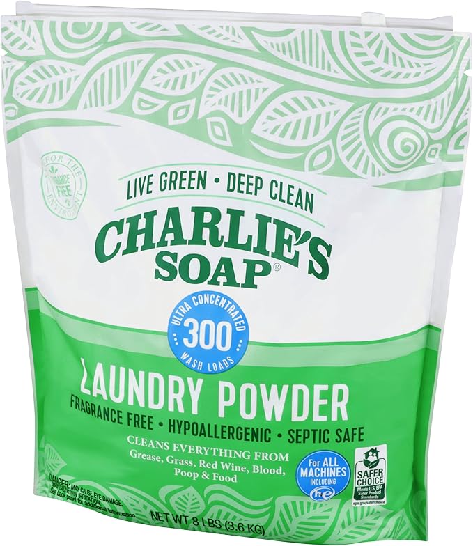 Charlie's Soap Hypoallergenic Laundry Powder 8lb Bag, Pack of 2, 600 Loads Total, Deep Cleaning Washing Detergent – Eco-Friendly, Safe, and Effective
