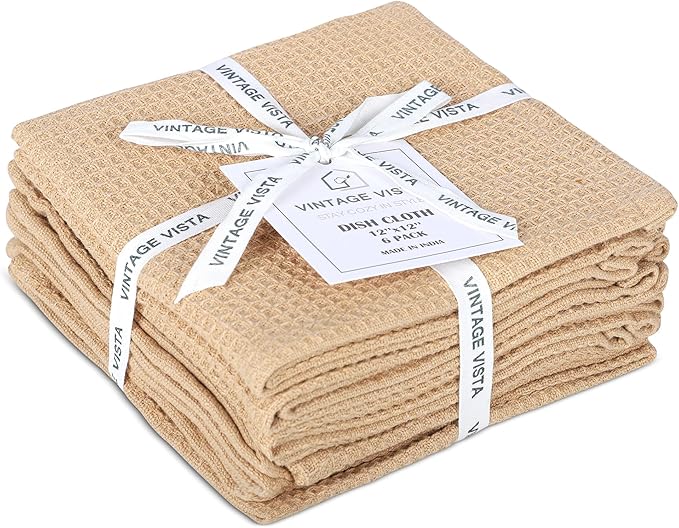 100% Cotton Waffle Dish Cloths (Pack of 6) - Dish Rags for Washing Dishes - Reusable & Highly Absorbent Kitchen Towels - Multipurpose Kitchen Rags - (12" x 12" - Beige)