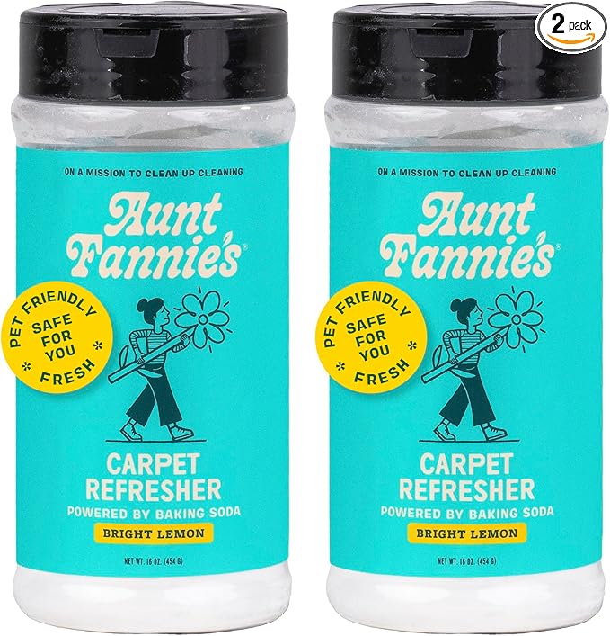 Aunt Fannie's Carpet Refresher & Deodorizer Powder, Multi-Purpose Rug, Carpet, and Upholstery Odor Eliminator for Homes with Cats and Dogs, Bright Lemon Scent, 16 Oz (Pack of 2)