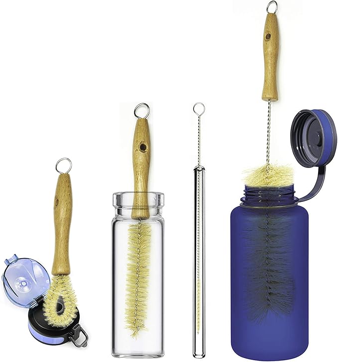 All Natural Bottle Brush and Straw Set (NO Plastic) Sisal Bristles and Wood Handle Bottle Cleaners for Washing Narrow Beer Bottles, Sports/Water Bottles, Tumbler, Kettles, Lid Brush, Long Straw Brush