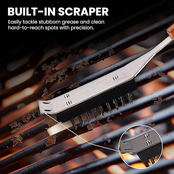 Grill Brush and Scraper for Barbecue with Replaceable Stainless Steel Bristles Head – Grill Brush for Outdoor Grill with Extended 15” Large Wooden Handle -No Scratch on Grill