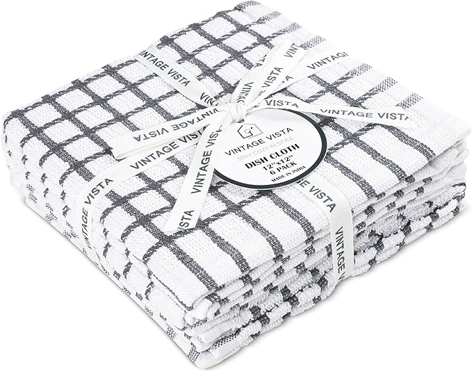 100% Cotton Dish Cloths (Pack of 6) - Dish Rags for Washing Dishes - Reusable & Highly Absorbent Kitchen Towels - Multipurpose Kitchen Rags - (12" x 12" - Slate Grey Checkered)