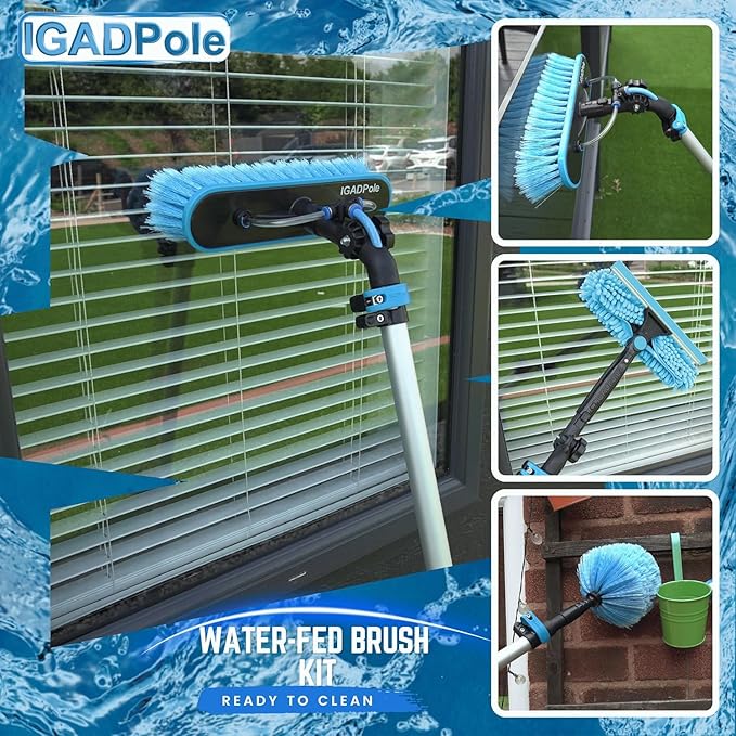 34ft IGADPole Washing Kit: Water-fed Brush, Cobweb Duster and 10” Squeegee and Soap Dispenser, with 6-Stage Telescoping Pole 5.5-27ft Pole and & 1ft Curved Extension