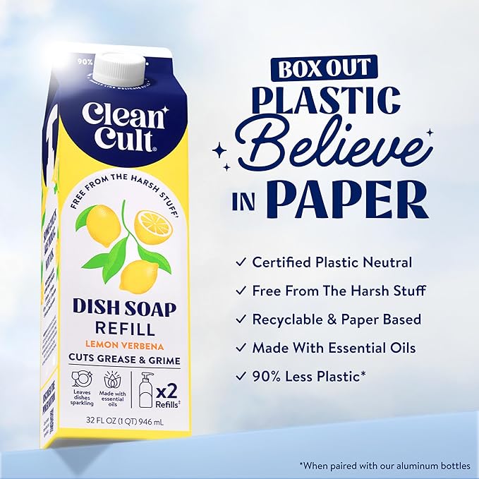 Cleancult Dish Soap Liquid Refills - Plant Based Cleaning Power - Cuts Grease & Grime - Free of Harsh Chemicals - Uses 90% Less Plastic - Lemon Verbena - 32 oz/3 Pack