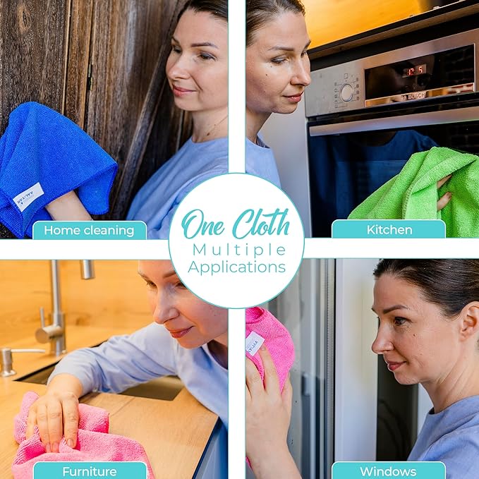 Microfiber Cleaning Cloth - Pack of 12 (12.5"x12.5") Multi Color, Non-Abrasive, Ultra-Absorbent, Lint-Free Towels for Cars, Reusable Cleaning Rags