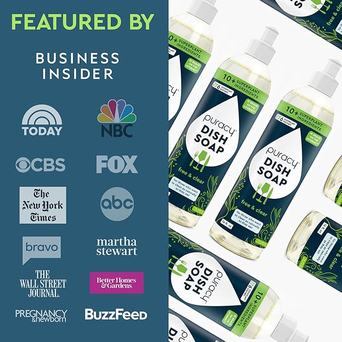 Puracy Natural Dish Soap - Unscented Skin-Softening Plant-Based Dishwashing Soap, Non-Toxic Dish Soap, Fragance Free Organic Liquid Dishwashing Detergent Soap (Free & Clear, 16 fl oz, 3 Pack)