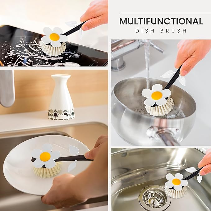 Vigar Flower Power Dish Brush with Vase Brush Holder, Dish Brush with Handle for Pot Scrubber, Dishes, Sink, and Kitchen Essentials, White, Black