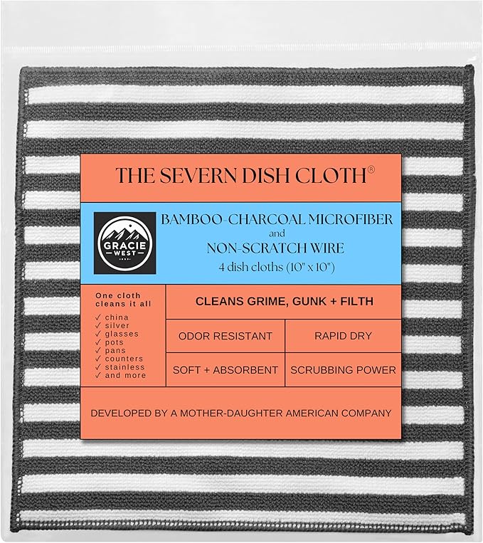 Severn Dish Cloths for Washing Dishes 4pk. No-Smell Dish Rags with Non-Scratch Wire Scrubber Side for Kitchen Cleaning. Grime-Fighting Bamboo-Charcoal Microfiber 2-Sided Dishrags. Machine Wash + Dry
