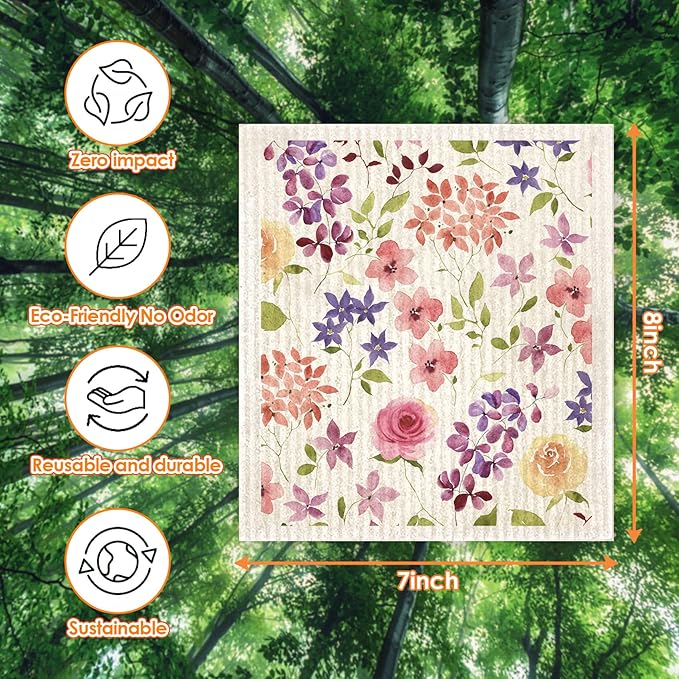 Morigins Floral Swedish Dish Cloths - 6 Pack Reusable Compostable Kitchen Cloth,Cellulose Sponge Dish Cloths Dish Towel Set