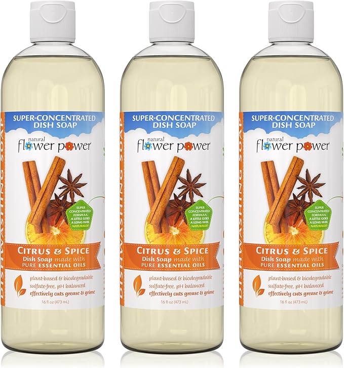 Liquid Dish Soap – Citrus & Spice – Plant-Based & Scented w/Pure Essential Oils – Natural Liquid Dishwashing Detergent – Sulfate-Free Kitchen Soap – Vegan (16 Fl Oz 3 Pack)