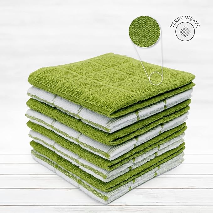 100% Cotton Dish Cloth for Dish Washing, Terry Dish Cloth, Cotton Dish Rags, 8 Pack, Super Soft and Absorbent,12"x12" inches, Reusable Cleaning Cloth, Green Dish Cloth (Solid and Checks)