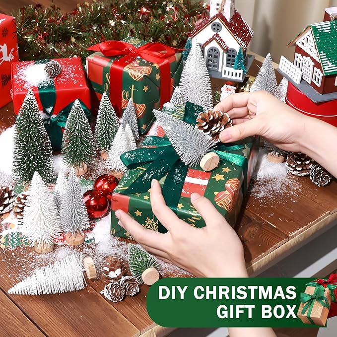 Set of 35PCS Mini Christmas Tree, Christmas Pine Cones, 2oz Fake Snow Powder, Mixed Christmas Decoration, Xmas Village Displays Winter DIY Crafts (Green-Silver-White)