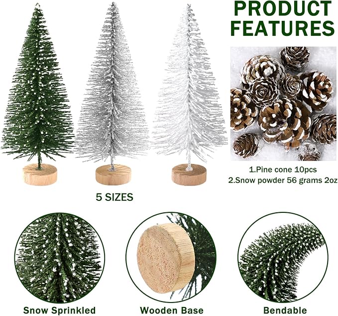 Set of 35PCS Mini Christmas Tree, Christmas Pine Cones, 2oz Fake Snow Powder, Mixed Christmas Decoration, Xmas Village Displays Winter DIY Crafts (Green-Silver-White)
