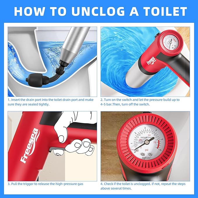 FREESEA Electric Toilet Plunger Blaster: High Pressure Toilet Plungers for Bathroom Heavy Duty Declogger Toilet Snake Drain Clog Remover Air Unclogger Tool Unclogging for Sink Floor Kitchen Clogged