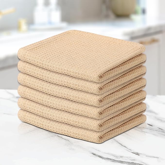 100% Cotton Waffle Dish Cloths (Pack of 6) - Dish Rags for Washing Dishes - Reusable & Highly Absorbent Kitchen Towels - Multipurpose Kitchen Rags - (12" x 12" - Beige)