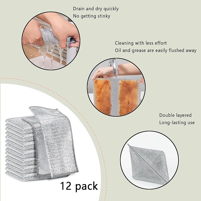 12 Pcs Non Scratch Wire Dishcloth,Multipurpose Wire Dishwashing Rags for Wet and Dry, Reusable Kitchen Wire Miracle Cleaning Cloths for Dishes, Sinks, Stove Tops