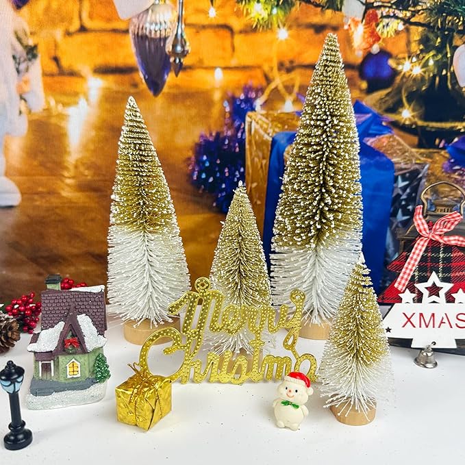 Mini Christmas Tree Bottle Brush Christmas Trees Decor for Christmas Decorations Wooden Bases (Gold and White)