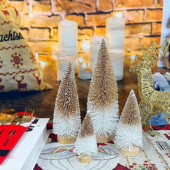 Mini Christmas Tree Bottle Brush Christmas Trees Decor for Christmas Decorations Wooden Bases (Orange and White)