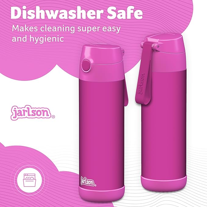 Jarlson® Charli Children's Stainless Steel Drinking Bottle with Straw - Thermos Flask 350 ml - TÜV Tested - BPA Free - Leak-Proof - Thermal Water Bottle for School, Nursery (Magenta)