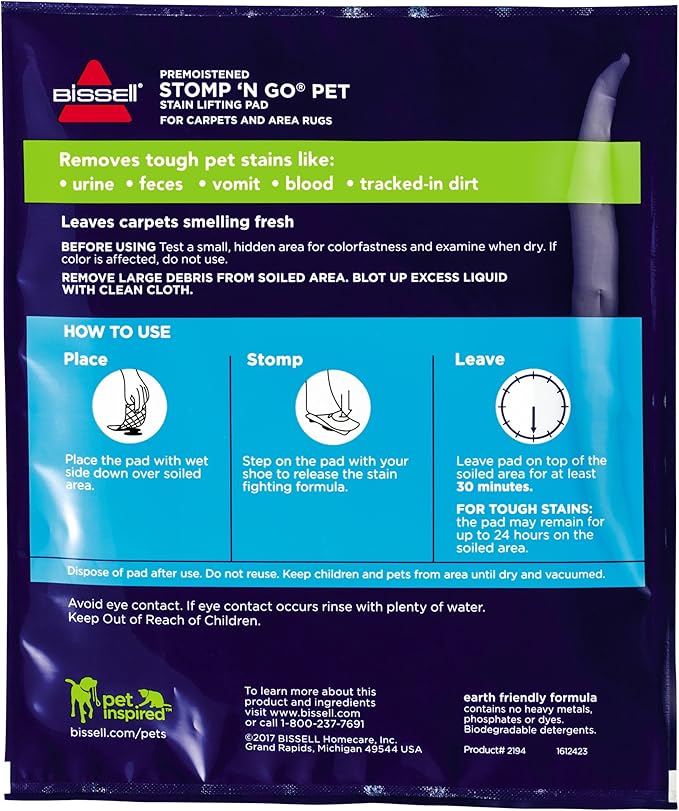 Bissell Stomp 'N Go Pet Lifting Pads + Oxy for Stain Removal on Carpet & Area Rug Cleaning, 20 Pack