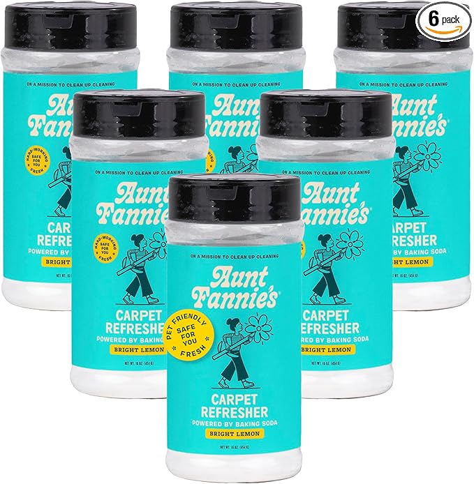 Aunt Fannie's Carpet Refresher & Deodorizer Powder, Multi-Purpose Rug, Carpet, and Upholstery Odor Eliminator for Homes with Cats and Dogs, Bright Lemon Scent, 16 Oz (Pack of 6)