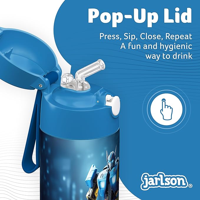 Jarlson® Charli Children's Stainless Steel Drinking Bottle with Straw - Thermos Flask 350 ml - TÜV Tested - BPA Free - Leak-Proof - Thermal Water Bottle for School, Nursery (Robot 'Neo')