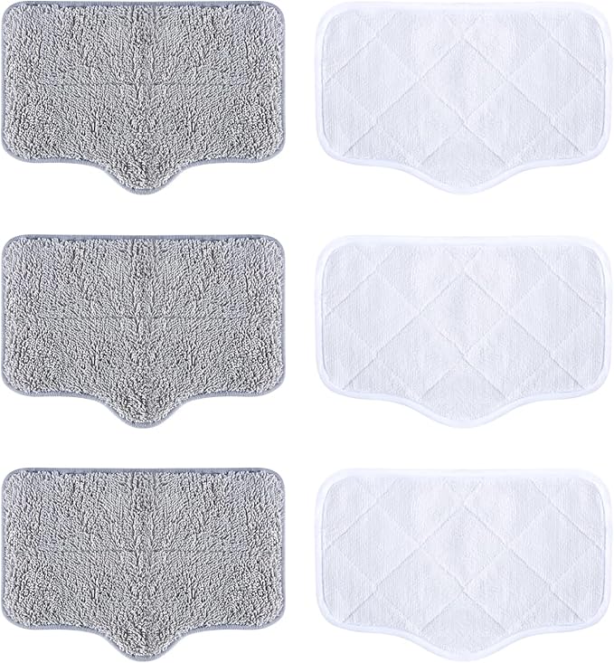 ScrubWiz Steam Mop Pads with Washable and Reusable, 6 Pack Replacement, 2 Material Types Accessories Compatible With Steamer Mop for Cleaning Floors and Carpets, White and Gray