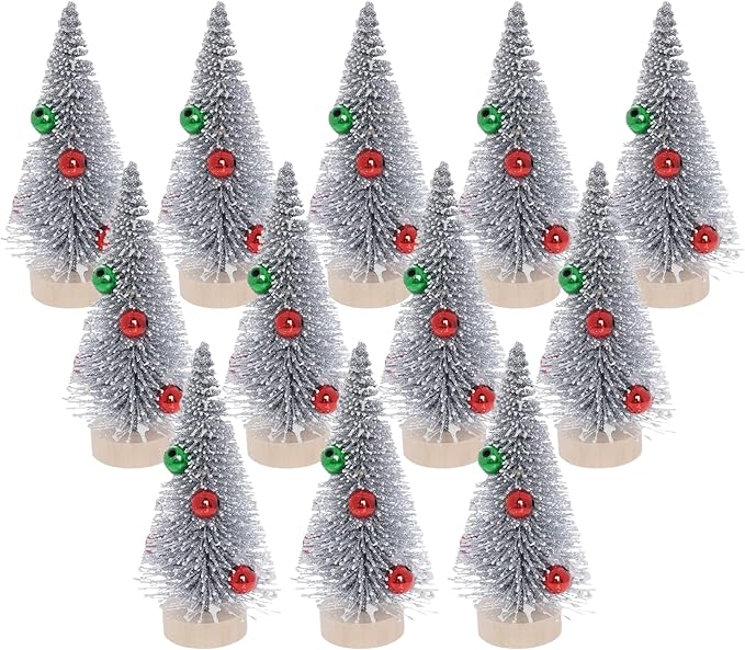 Yookat 12Pcs Mini Christmas Trees Small Sisal Trees Mini Pine Trees with Wood Base Mini Bottle Brush Trees Artificial Mini Christmas Trees Assorted Color for Christmas Winter Decoration (Silver)