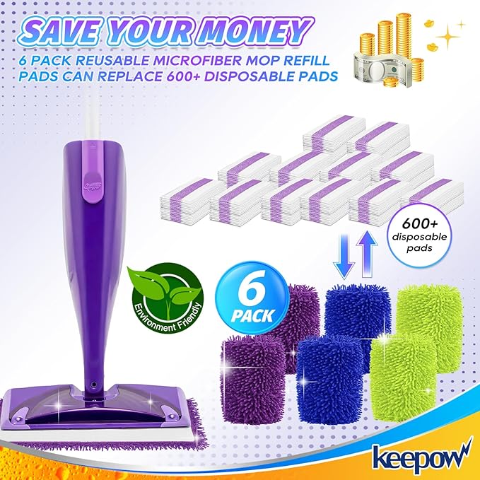 Reusable Floor Mop Pads Compatible with Swiffer Wet Jet Refills 6 Pack, Machine Washable, 12-inch Microfiber Mop for Swiffer Wet Pads, Eco-Friendly Household Cleaning Supplies