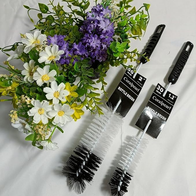 Coralpearl Bottle Brushes Thin Long Handle X 2, Utility Skinny Wire Cleaner Set Big Small, Bendable Flexible for Cleaning Narrow Neck Water, Beer, Wine, Baby Bottles, Pipes, Tubes, Hoses, and Flasks